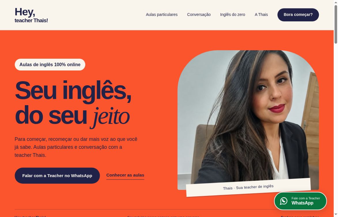Captura real da página inicial do site Hey, teacher Thais
